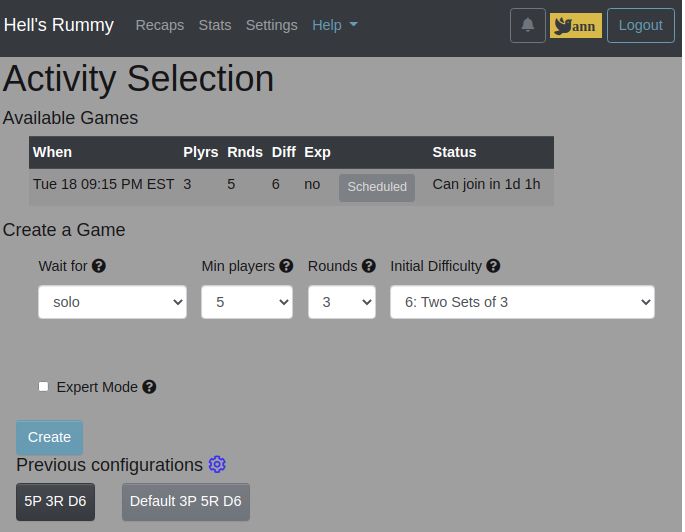 Sample of the main Activity Selection page