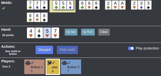 Sample of playing the selected card on an existing meld by clicking on the meld