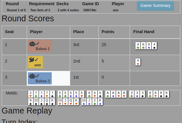 Sample of the round summary portion of the recap page, showing final hands and melds