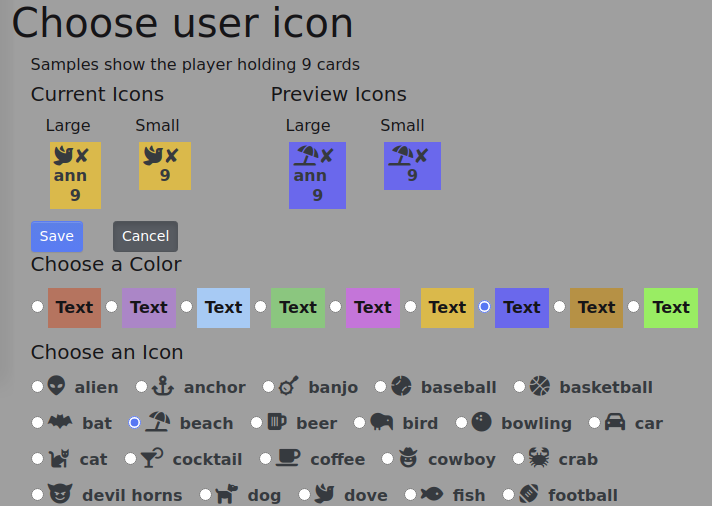 Sample of icon and color choices