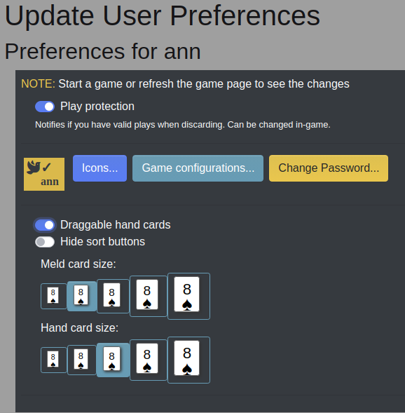 Sample of the user settings and preferences